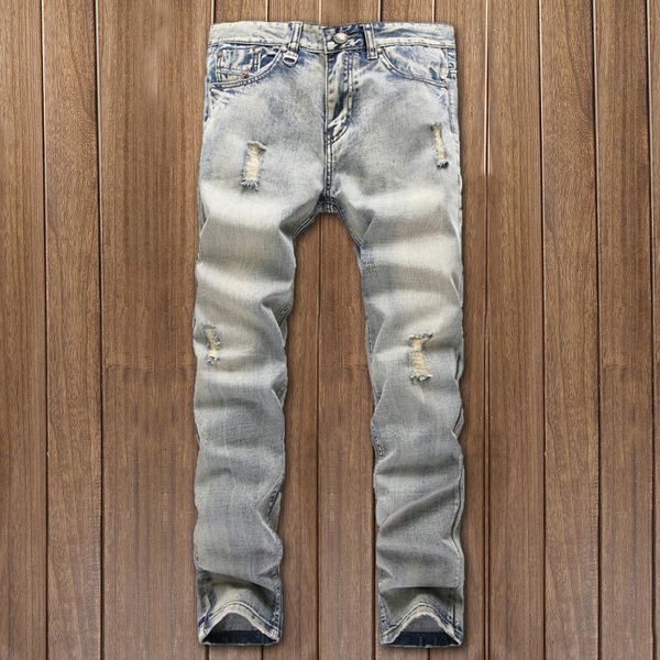 

david's same cut jeans men's straight slim nostalgic beggar pants, Blue