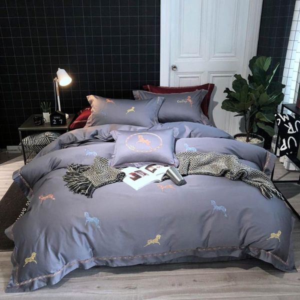 

papa&mima grey horses luxury egyptian cotton oriental bedding sets  king size embroidery duvet cover set sheets bedlinen