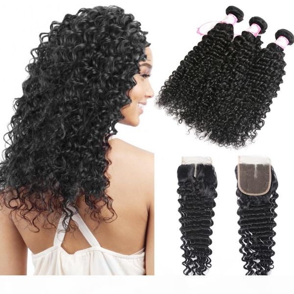 

brazilian deep wave curly virgin human hair bundles with closure 10a grade virgin hair loose deep wave 3 4 bundles with lace closure, Black;brown