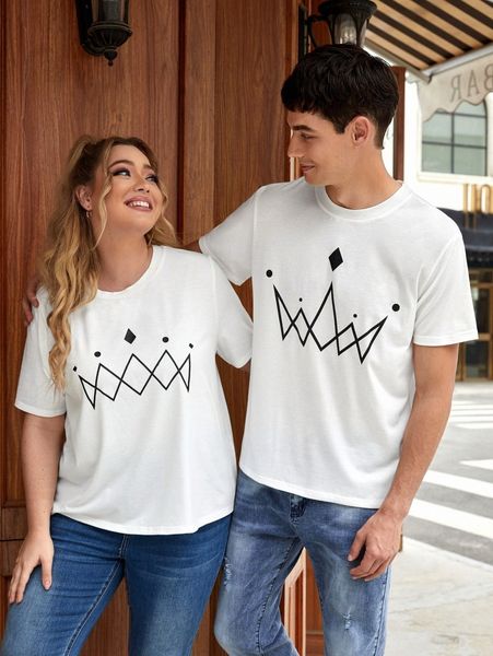 

1pc polka dot & argyle print tee d56v#, White;black