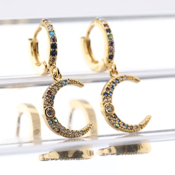 

Young Ladies Gift Gold Plated Brass Hoop Earrings Micro Pave Multi Color Zircon Moon Charm Earring