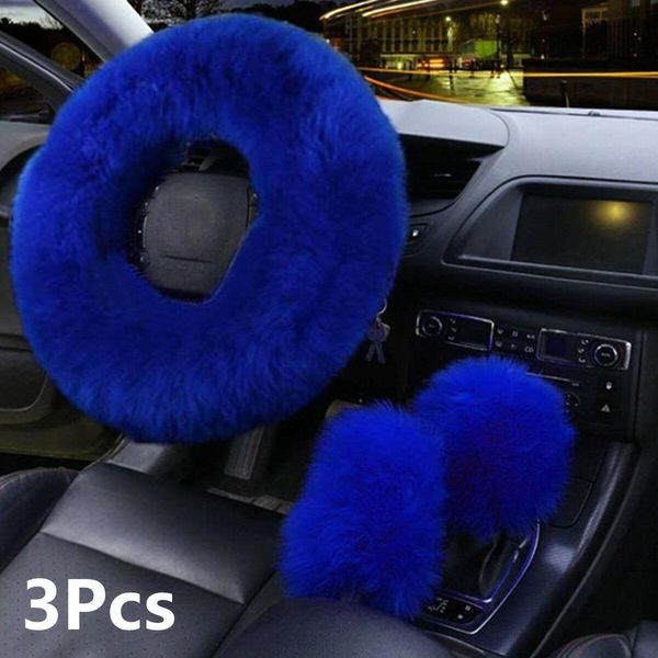 

3pcs fur car steering wheel cover mature gem blue wool furry fluffy thick winter