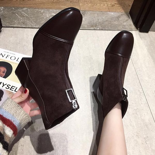 

boots stylish square toe ankle boot brown women zipper nubuck leather for heel winter botines mujer, Black