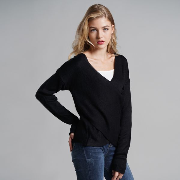 

2021 new autumn winter women fashion solid long sleeve cashmere pullovers v-neck normal thickness sweater ui6m, Black;white