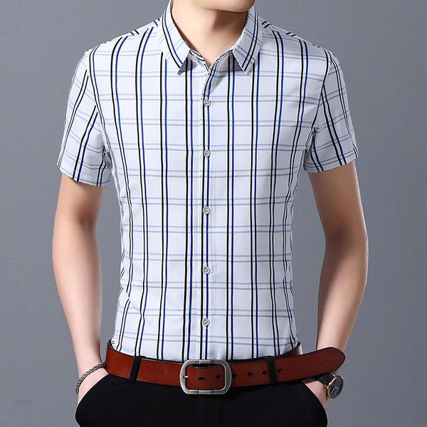 

men's dress shirts summer 2021 fashion business casual shirt cotton plaid short sleeve blouses large size -5 xl, White;black