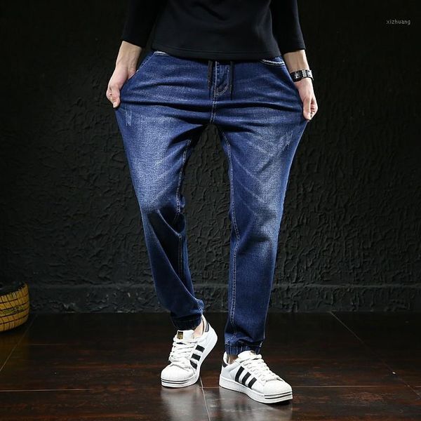 

men's jeans elasticated waist ankle-length bunch foot ripped for hombre baggy homme men hip hop streetwear plus size jean biker denim1, Blue