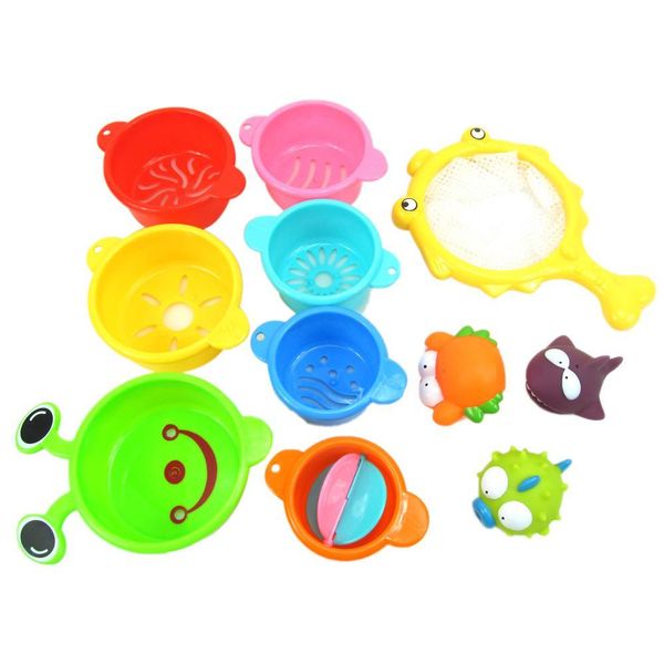 

11 piece set stacking cups play water gelatin kneading water spray fishing nets children bathing fish toys compact storage wmtjls xhlove