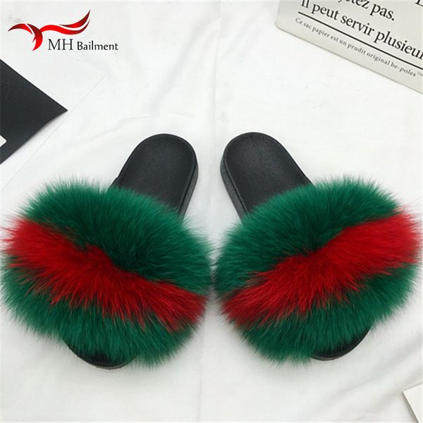 

fur slippers of women summer new real fox fur slides ladies furry indoor home non-slip flat shoes outdoor comfortable slippers x1020, Black