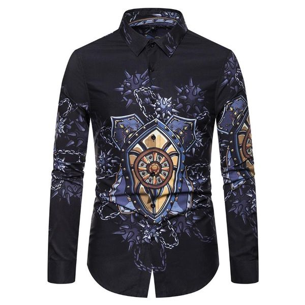 

men's casual shirts print shirt men retro long sleeve slim fit streetwear blouse homme, White;black