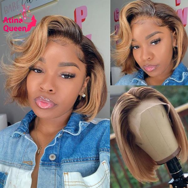 

lace wigs preplucked closure wig 4x4 short bob pixie cut honey blonde ombre human hair bleached knots 13x4 frontal remy, Black;brown
