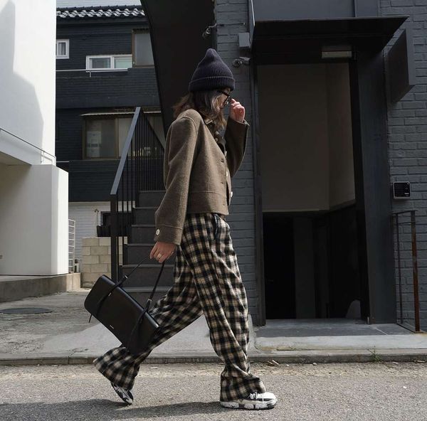 

louvre autumn winter new south korea fashionable plaid wide leg with versatile drape feeling casual show thin pants and, Black;white