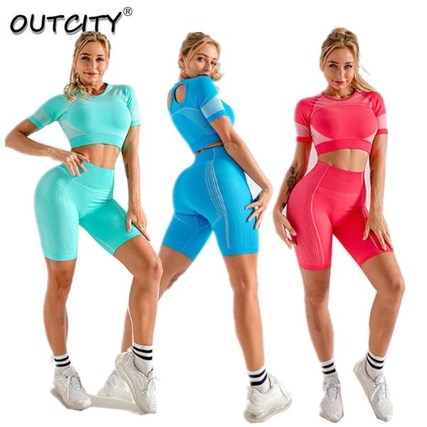 

бесшовные женщины йога set top леггинсы высокой талией tight обучение костюм бег фитнес с коротким рукавом шорты для бега твердая йога костю