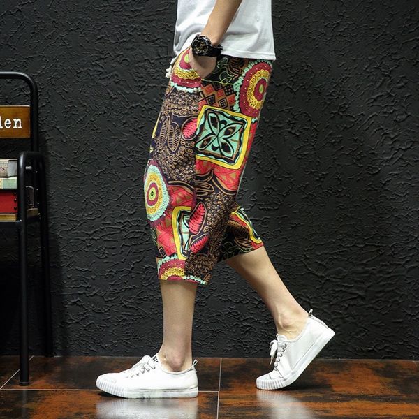 

plfxa summer floral shorts men's national beach cropped loose large capri beach pants seaside vacation chinese ethnic style linen size, Blue