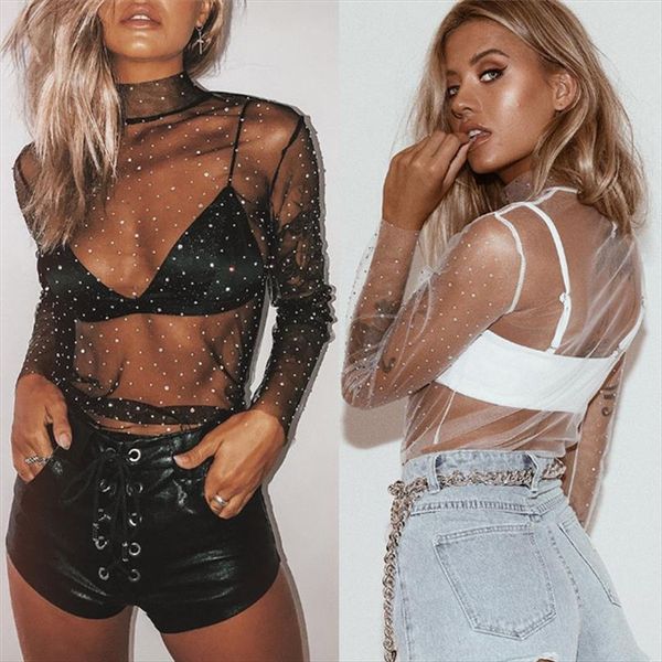 

fashion women transparent mesh sheer long sleeve lace t shirt tee black amp; white