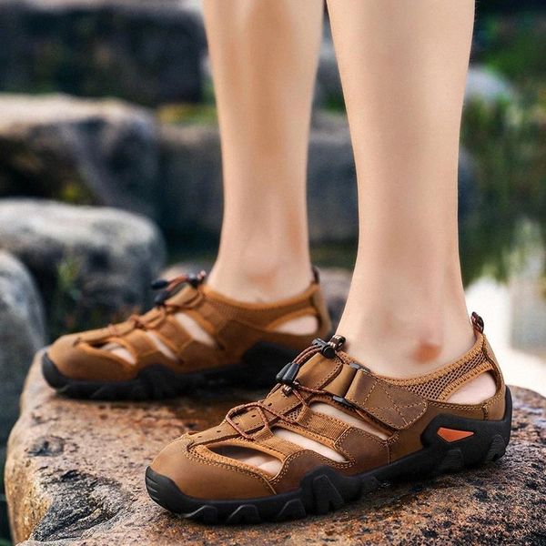 

2020 mens sandals genuine leather summer brand beach men wading water sandals outdoor breathable slippers men casual shoes #ng7b, Black