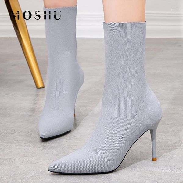 

boots women sock solid color stretch fur high heel pointed toe shoes 2021 autumn fashion mid-calf zapatos de mujer1, Black
