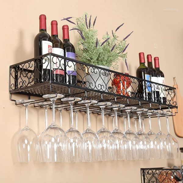 

vintage wall-mounted iron metal casting wine holders bronzed black hang upside down racks stem tall glasses tumbler storage bar1