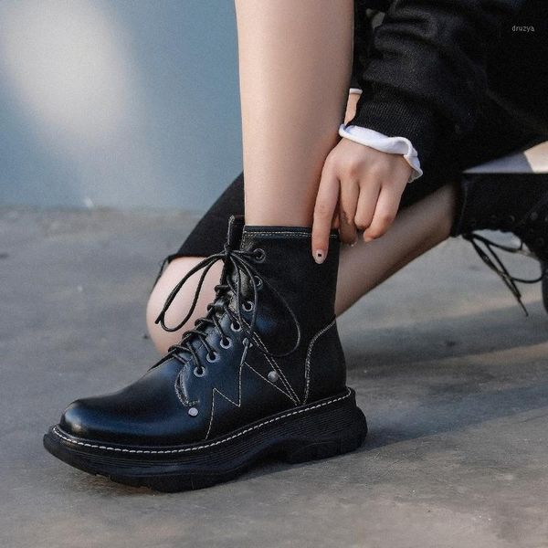 

2020 new boots leather thick soles comfortable casual british style lace-up round head ankle boots size 34-401, Black
