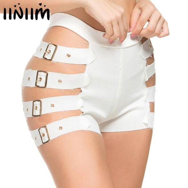 

iiniim womens high waist side hollow out with buckle belt pencil shorts gothic streetwear short pants party bar clubwear, White;black