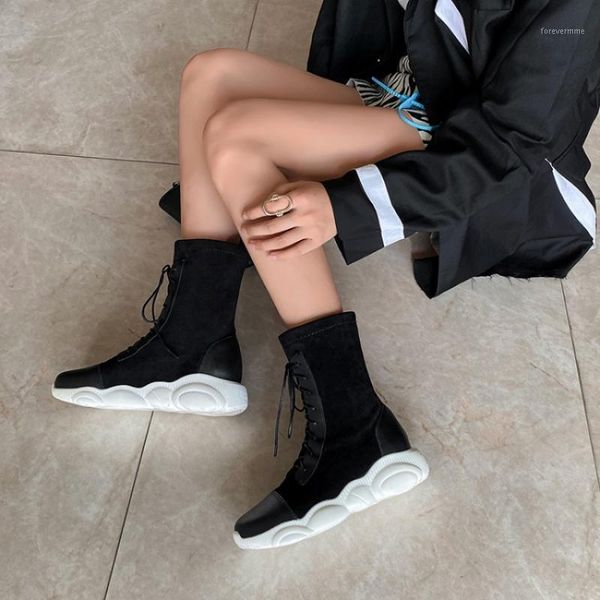 

boots swyivy 46 big size flat shoes women autumn mid calf pu leather 2021 female black bandage lady casual shoes1