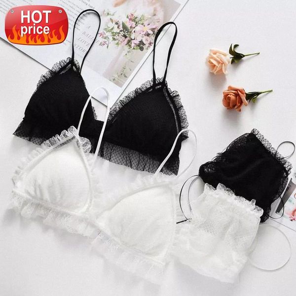 

sweet japanese girls underwear bras and panty white black mesh lingerie set cute wire bra brief thong bralette sets #kq7t, Black;white