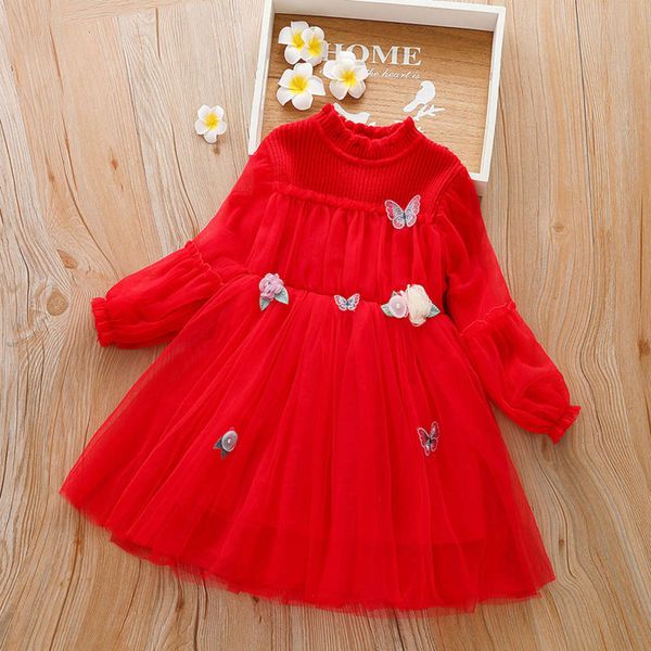 

2020 girls' drs new super fairy butterfly flower children's sweater mh princs skirt, Red;yellow
