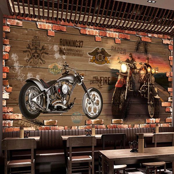 Benutzerdefinierte Wandbild Tapete 3D Stereo Motorrad Backstein Malerei Restaurant Cafe Bar Backgruond Wanddekor Selbstklebende Aufkleber