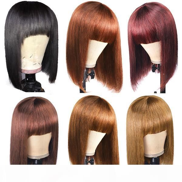 

ombre colored straight short wig peruvian short bob wigs with bangs indian human hair none lace wigs brazilian human hair wigs, Black;brown