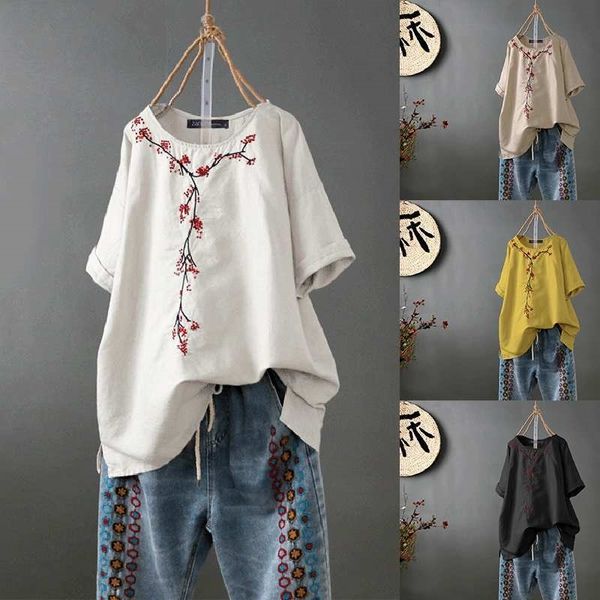 

zanzea oversized women blouse ladies casual half sleeve tunic female vintage embroidery shirt autumn womens shirts 5xl y200402, White