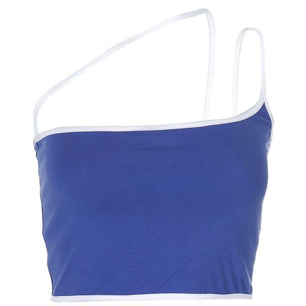 

women irregular strappy crop one shoulder hollow out camis sling vest1, White