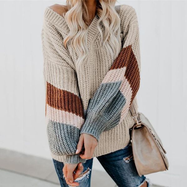 

v neck striped patchwork sleeve knit sweater women loose pullover fall sweaters and pullovers fashion new, White;black