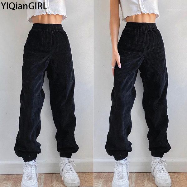 

new women's high waist pocket solid color casual pants street jogging loose corduroy trousers1, Black;white