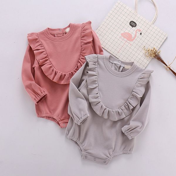 

wholesale 2021 spring new baby girl bodysuits solid color long sleeve ruffles cute jumpsuit infant suit e492, Blue