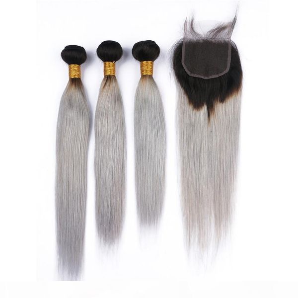 

silky straight малазийских дев человеческих волосы ombre silver gray связка предложение с закрытием 1b серого ombre переплетений с 4x4 lace, Black