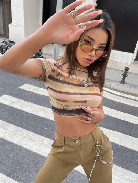 

striped print mock neck crop mesh f9hk#, White