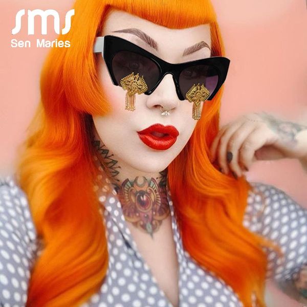 

sunglasses vintage cat eye women designer black half frame unique metal tassel elegant ladies eyewear shades uv400, White;black