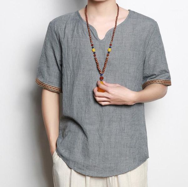 

2020 summer new men's brand chinese style casual short-sleeved men fashion v-neck thin loose linen shirt unlined 1, White;black