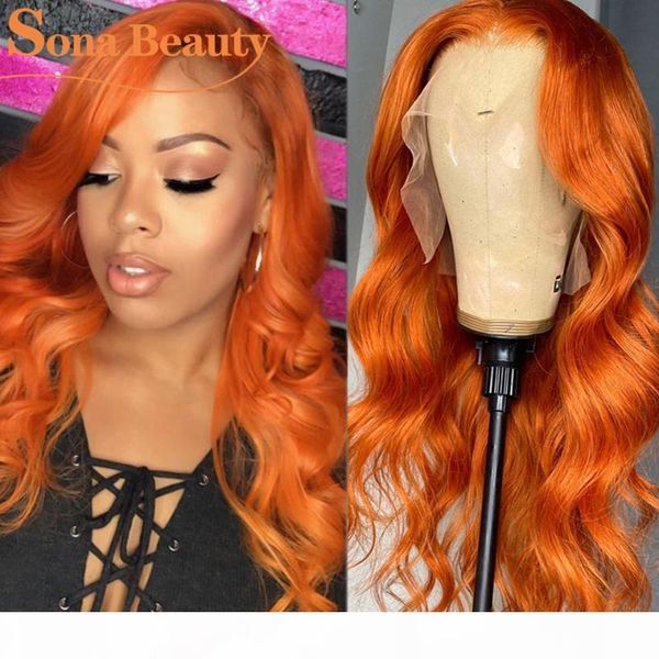 

orange ginger human hair lace front wig pre plucked brazilian remy colored wavy lace part wig for women, Black;brown