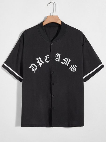 

men baseball collar letter graphic button up shirt w8gf#, White;black