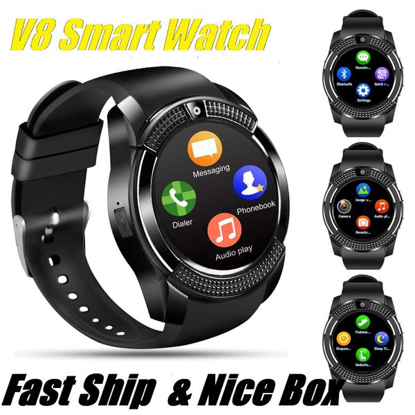 

sport mens smart watch v8 sim card android camera rounded answer call dial call luxury smartwatch heart rate fitness tracker with retail box