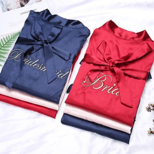 

xxl sleep nightshirt sleepwear wedding robes bride bridesmaid wedding kimono bathrobe dress women rayon embroidery robe1, Black;red
