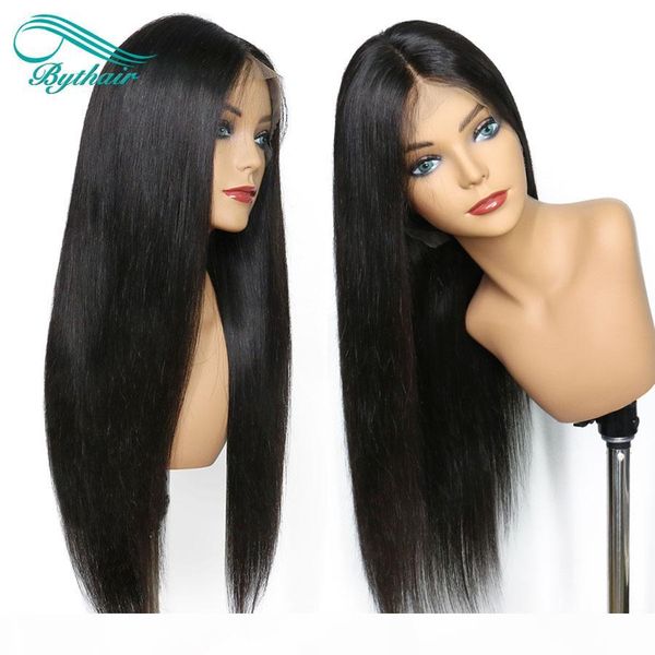 

bythair silky straight virgin human hair full lace wig human hair lace front wig with baby hair pre-plucked hairline bleached knots, Black;brown