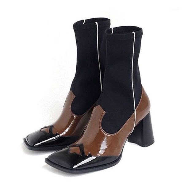 

mixed color square toe women ankle boots elastic sock boots chunky high heel shoes woman slip-on short booties slim fit botas1, Black