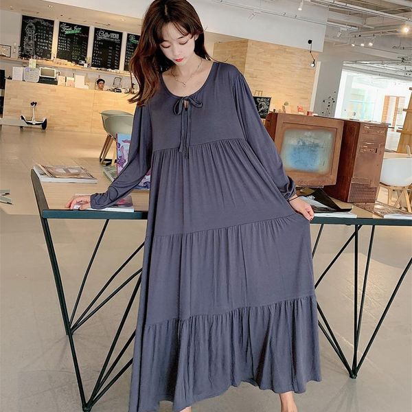

women's sleepwear long sleeve nightgown women modal nightdress soft female o-neck sleep dress loose nightwear solid night homewear, Black;red