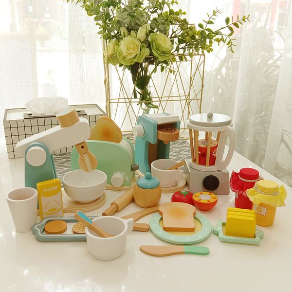 

kids wooden kitchen pretend toys play sets toaster bread maker coffee roaster machine game children's toy mixer educational toy 1019