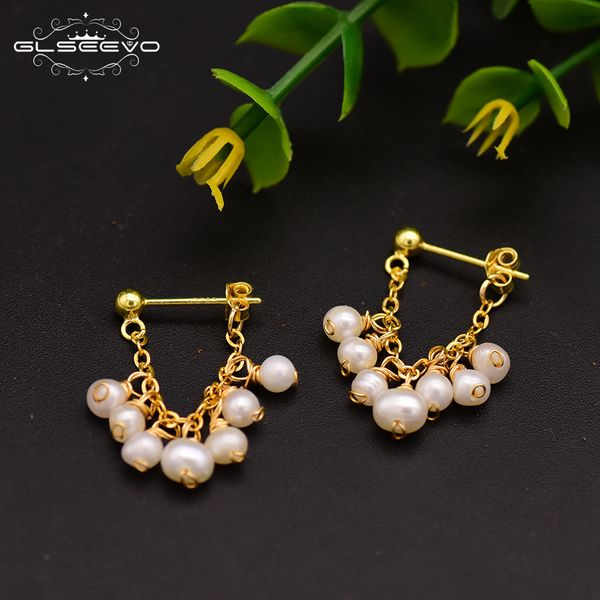 

glseevo 925 sterling silver natural freshwater pearl earrings for women party earrings fine jewelry ge0674 200923, Golden;silver