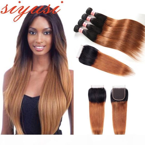 

1b 30 ombre brazilian hair bundles with closure 1b 27 honey blonde brown bundle with closure brazilian straight human hair with lace closure, Black;brown