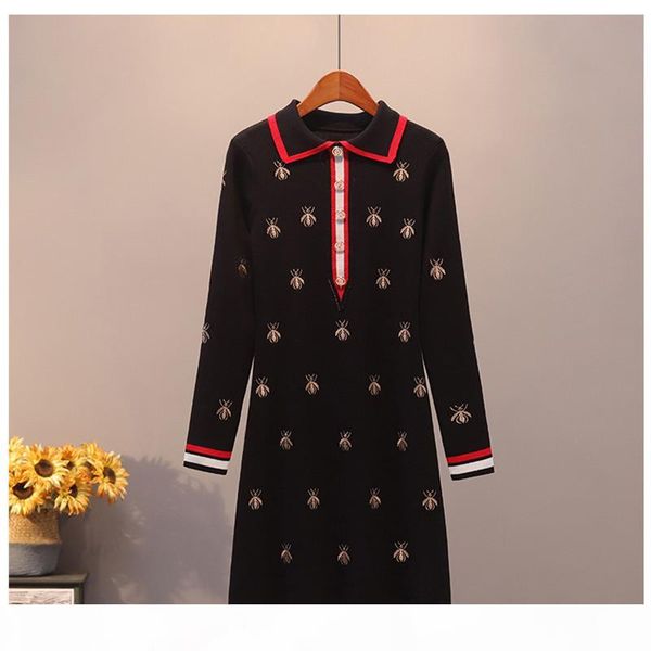 

new fashion golden bees embroidery knitting dress women autumn winter turn-down collar simple runway knit slim dress mx200508, Black;gray