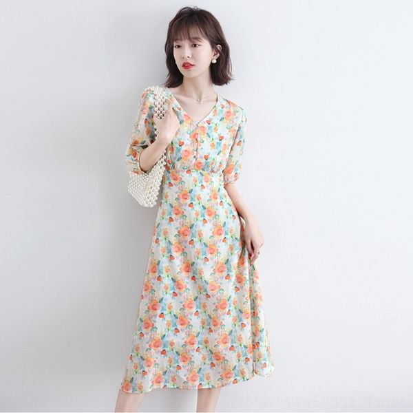 

vznrq 2020 summer floral break yellow new medium-length french fresh tencel long skirt dress printed tea light dress 68127 crzde, Black;gray