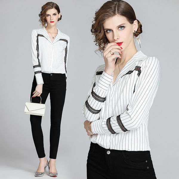 

2021 new women vintage office lace pactwork striped hollow out blouse shirt elegant ladies tunic long sleeve female turn down collar vw, White